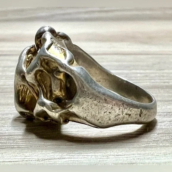 Vintage Designer Hallmarked Sterling Silver & Gold Brutalist Ring, Size 6